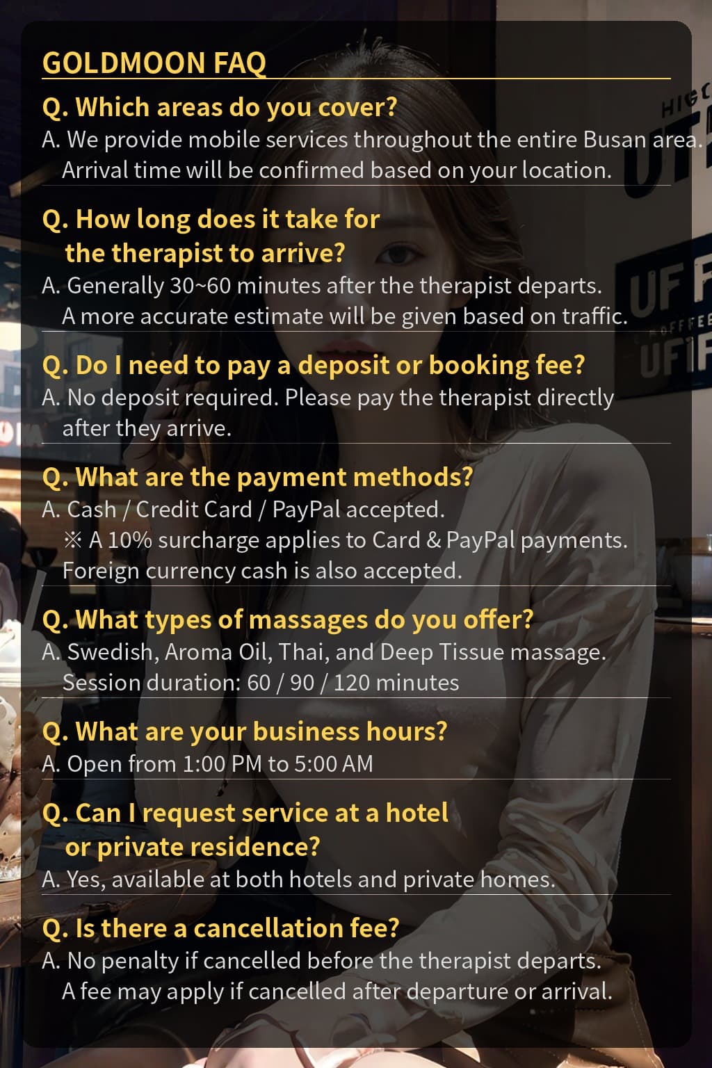 GOLDMOON FAQ — frequently asked questions about our Busan outcall massage service